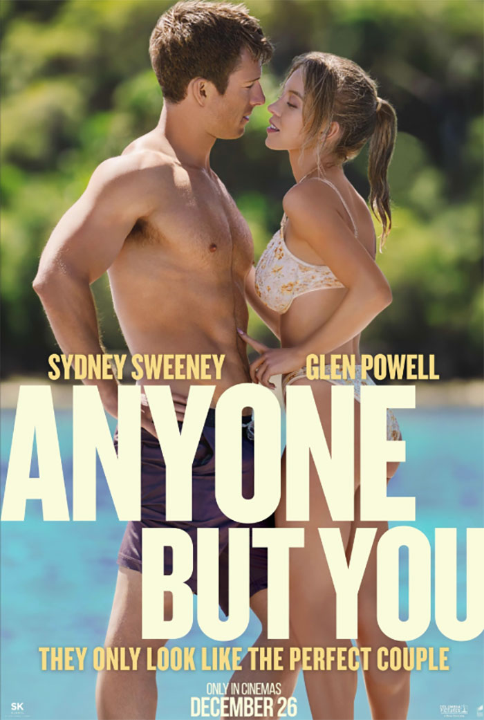Sydney Sweeney and Glen Powell in swimwear embrace for "Anyone But You" movie poster. Sydney Sweeney and Glen Powell in swimwear embrace for "Anyone But You" movie poster.