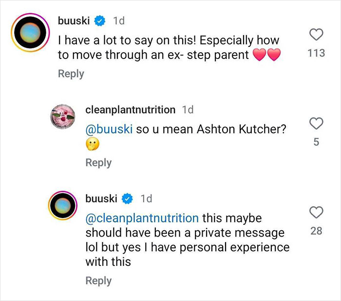 Demi Moore's daughter discusses ex-stepdad Ashton Kutcher in Instagram comments, mentioning personal experience. Demi Moore's daughter discusses ex-stepdad Ashton Kutcher in Instagram comments, mentioning personal experience.