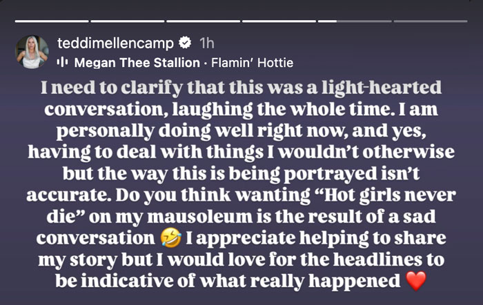 Teddi Mellencamp discusses funeral planning humor amid cancer battle, clarifies media portrayal. Teddi Mellencamp discusses funeral planning humor amid cancer battle, clarifies media portrayal.