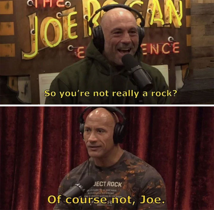 A The Rock meme titled "Actors, with their younger selves," featuring photoshopped images of famous actors posing with their younger versions, including Leonardo DiCaprio, Julia Roberts, Tom Cruise, Jennifer Aniston, Daniel Radcliffe, Emma Watson, Brad Pitt, and Tom Hanks. The final panel humorously shows Dwayne "The Rock" Johnson next to an image of a rock, playing on his name and contrasting the other actors' youthful photos with a literal rock, adding a comedic twist to the theme.