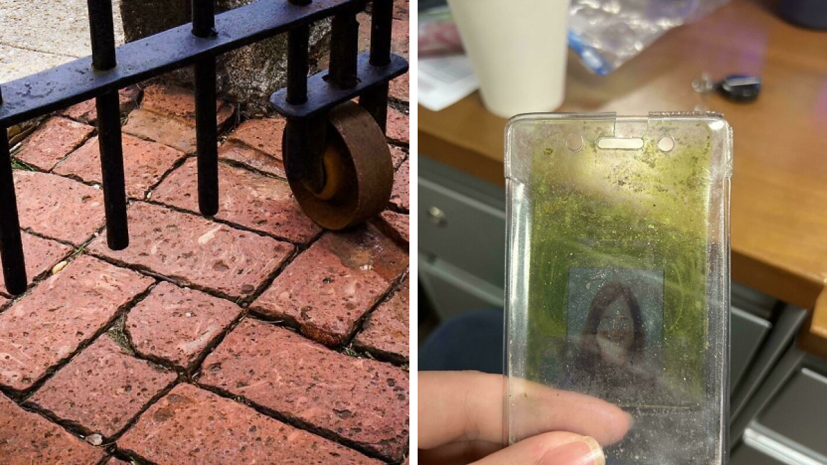 Worn gate wheel on weathered bricks and a faded, dirty plastic ID badge showing time's signature on objects.