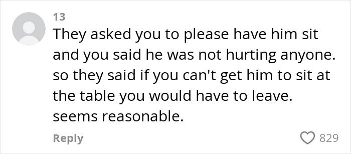 Comment on entitled mom and restaurant seating issue, with user stating situation seems reasonable. Comment on entitled mom and restaurant seating issue, with user stating situation seems reasonable.