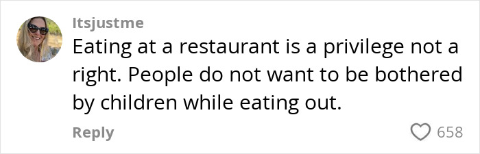 Comment about entitled mom in a restaurant, highlighting dining etiquette with children. Comment about entitled mom in a restaurant, highlighting dining etiquette with children.