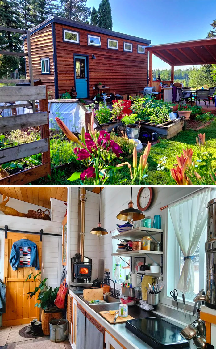 Tiny home exterior with garden and cozy interior kitchen featuring wood stove, shelving, and rustic design elements for off the grid living.