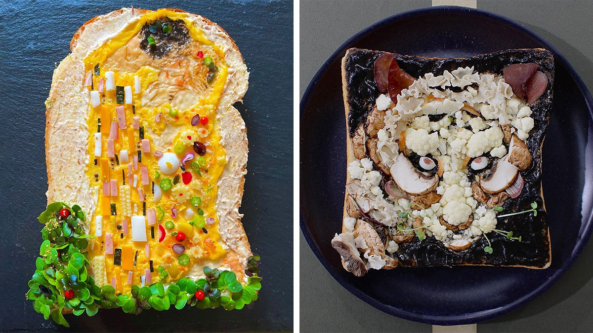 Two creative toast designs by a Japanese artist featuring detailed vegetable and fruit decorations on bread slices.