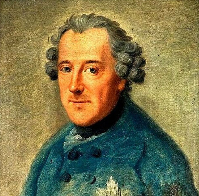 A historical portrait with curly hair and a blue coat, reflecting fun facts from the past.