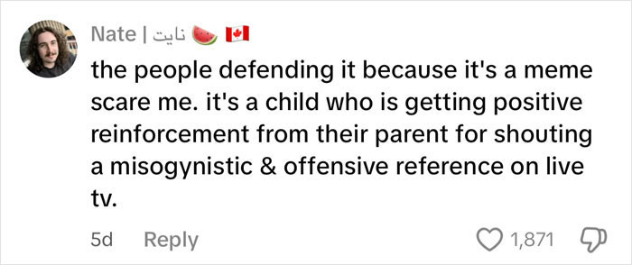 Comment addressing misogynistic and offensive behavior on TV, emphasizing concerns about parental influence. Comment addressing misogynistic and offensive behavior on TV, emphasizing concerns about parental influence.