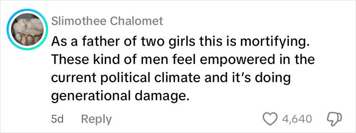Comment on misogynistic behavior by online user, expressing concern over generational damage and empowerment in politics. Comment on misogynistic behavior by online user, expressing concern over generational damage and empowerment in politics.