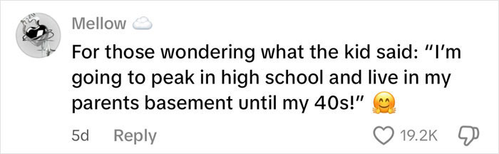 Comment discussing vulgar remark made by a 9-year-old boy, mentioning high school peak and living in a basement. Comment discussing vulgar remark made by a 9-year-old boy, mentioning high school peak and living in a basement.