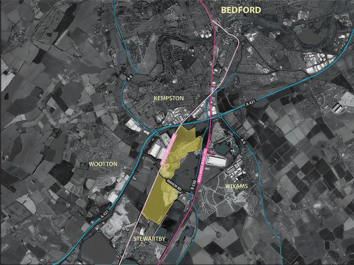 Map highlighting proposed Universal theme park site in Bedford. Map highlighting proposed Universal theme park site in Bedford.