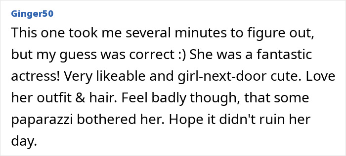 Comment praising an actress, mentioning her outfit, hair, and concern for paparazzi. Comment praising an actress, mentioning her outfit, hair, and concern for paparazzi.