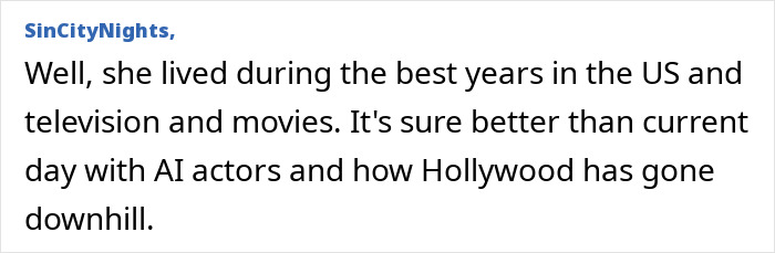 Text from user SinCityNights discussing Mary Kay Place's impact on TV and movies compared to AI actors today. Text from user SinCityNights discussing Mary Kay Place's impact on TV and movies compared to AI actors today.