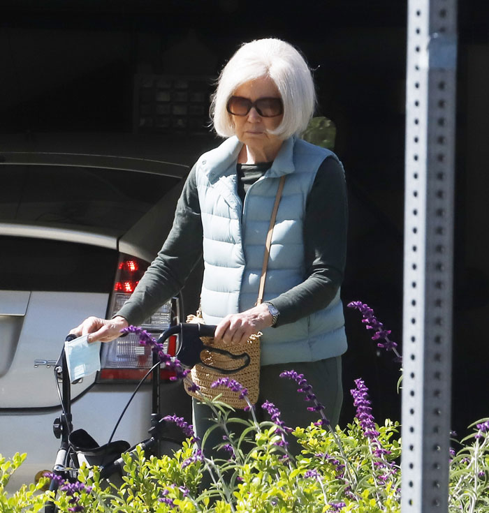 Mary Kay Place casually strolls with a walker, wearing sunglasses and a light blue vest, surrounded by purple flowers. Mary Kay Place casually strolls with a walker, wearing sunglasses and a light blue vest, surrounded by purple flowers.
