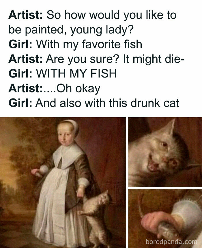 Girl with fish and drunk cat in a funny meme painting, featuring humorous dialogue with an artist.