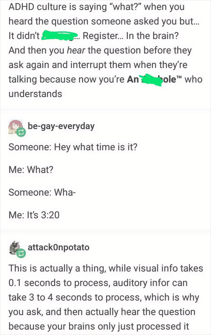 Funny meme about ADHD moments and auditory processing delay.