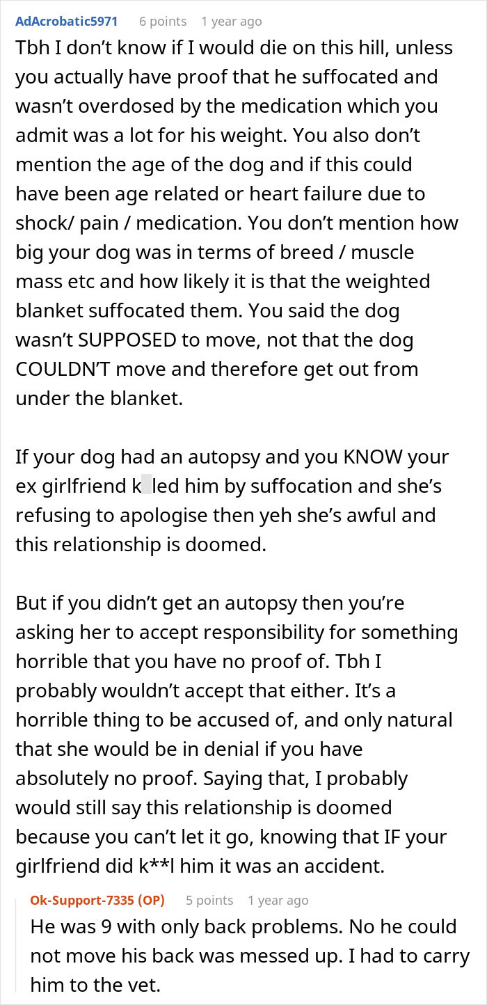 Text conversation discussing dog's death linked to weighted blanket. Text conversation discussing dog's death linked to weighted blanket.
