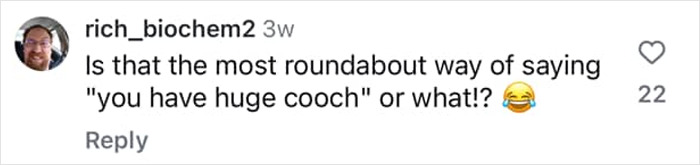 Comment questioning waxer's remark on pubic area size with laughing emoji. Comment questioning waxer's remark on pubic area size with laughing emoji.