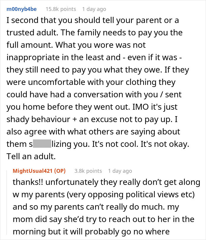 Reddit discussion about teen babysitter's unpaid work due to tank top; user advises involving parents.