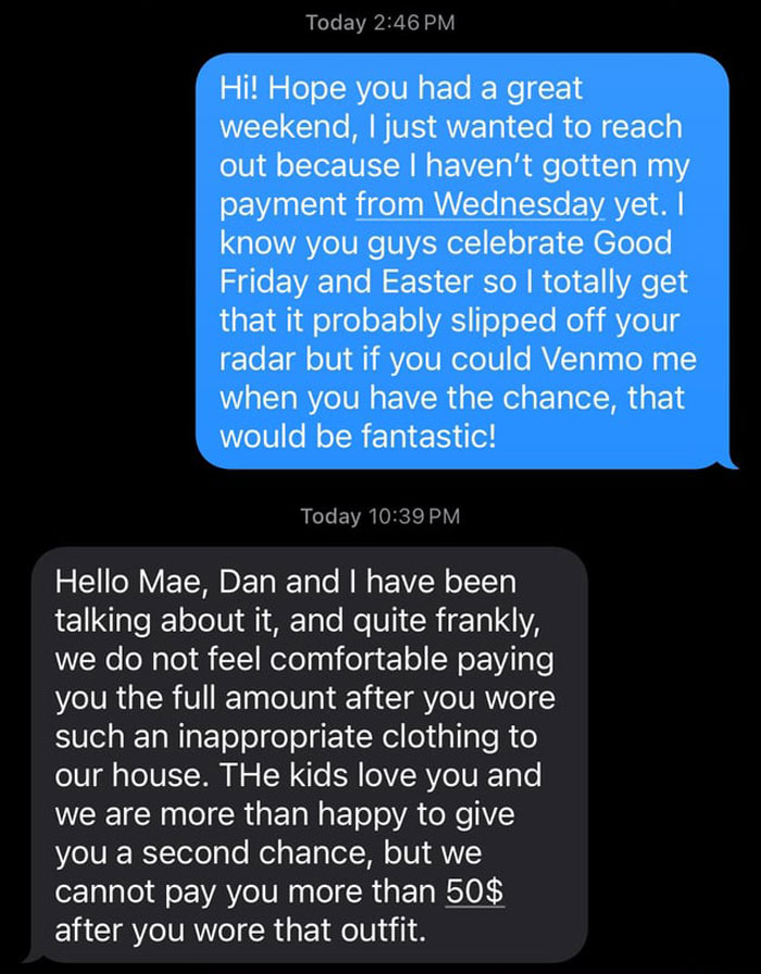 Teen's tank top causes payment dispute with religious couple over babysitting job.