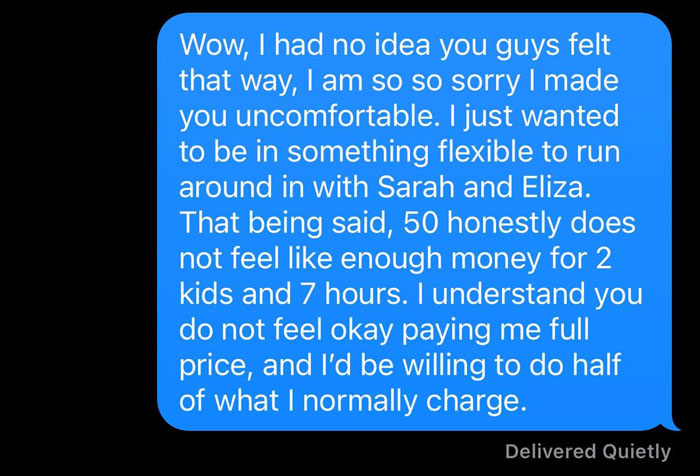 Text message exchange about babysitting payment, discussing discomfort over teen's tank top affecting pay for 7 hours.