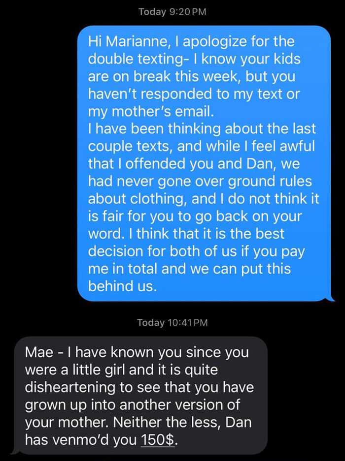 Babysitting payment dispute via text over teen's tank top, highlighting a misunderstanding with a religious couple.