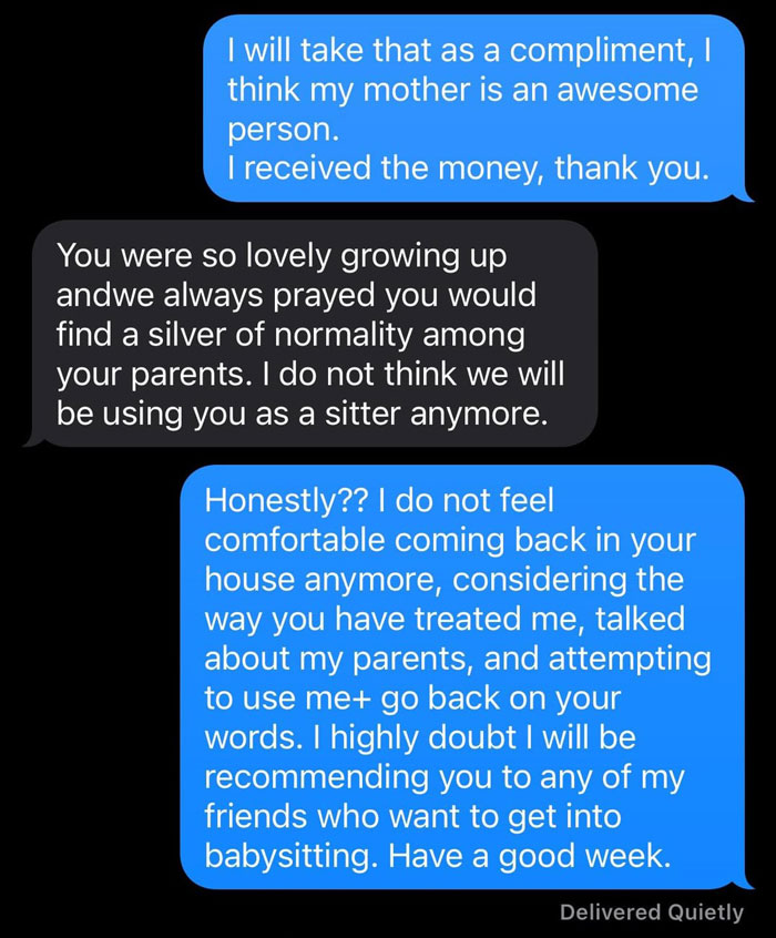 Text exchange about babysitting disagreement involving teen's tank top.