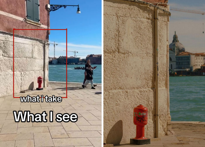 Photographer's perspective: wide view with street and waterway vs. focused shot of red object by stone wall.