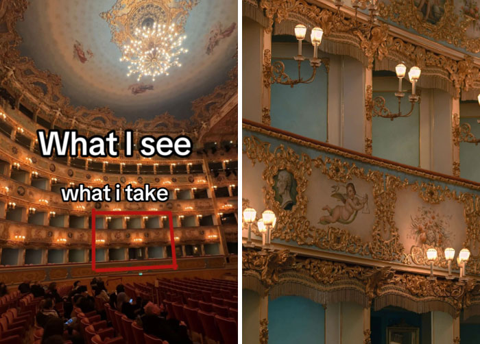 Photographer captures intricate theater details, showcasing contrast between wide view and close-up shot.