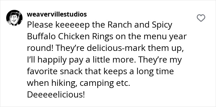 Text comment praising White Castle's Chicken Rings, wishing to keep them on the menu year-round.