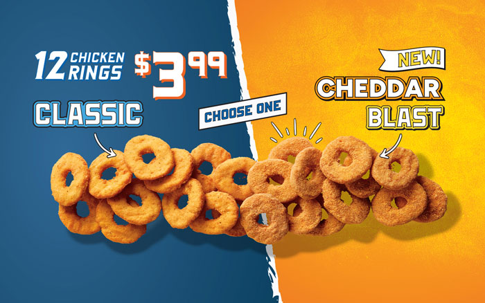 White Castle Chicken Rings deal with Classic and Cheddar Blast options for $3.99. White Castle Chicken Rings deal with Classic and Cheddar Blast options for $3.99.