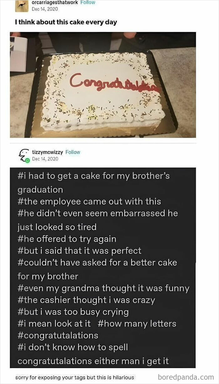 A funny wholesome meme showing a cake with misspelled congratulatory message and heartfelt social media tags.