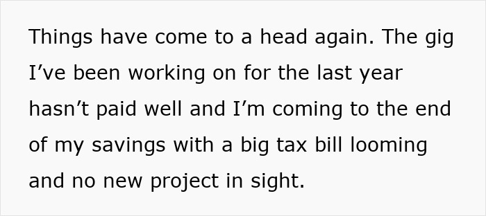 Text image discussing a gig's poor pay and financial struggles, with savings dwindling. Text image discussing a gig's poor pay and financial struggles, with savings dwindling.