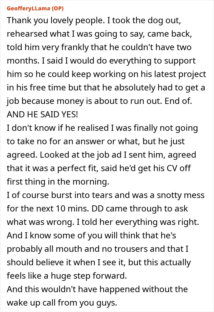 Text post about wife's frustration from husband's job promises and her demand for change. Text post about wife's frustration from husband's job promises and her demand for change.