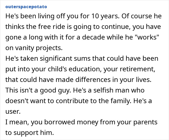 Text highlighting a wife's frustration after 10 years of her husband's unfulfilled promises. Text highlighting a wife's frustration after 10 years of her husband's unfulfilled promises.