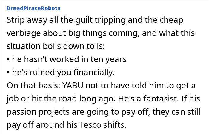 Text discussing a husband's lack of job for ten years and financial strain on wife. Text discussing a husband's lack of job for ten years and financial strain on wife.