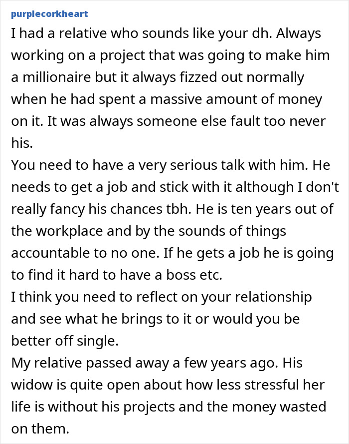 Text from a discussion about wife tired of false promises urging husband to get a job. Text from a discussion about wife tired of false promises urging husband to get a job.