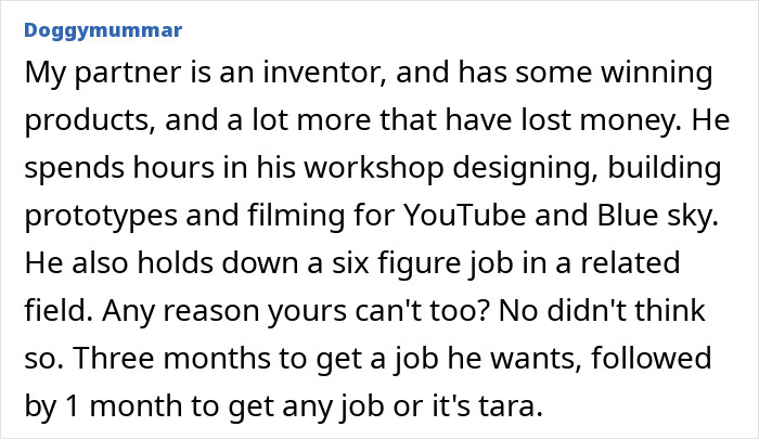 Text post discussing job expectations and deadlines for a spouse. Text post discussing job expectations and deadlines for a spouse.