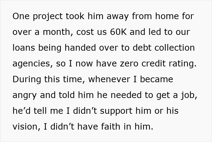 Text on image discussing financial struggles and wife's frustrations with husband's false promises. Text on image discussing financial struggles and wife's frustrations with husband's false promises.