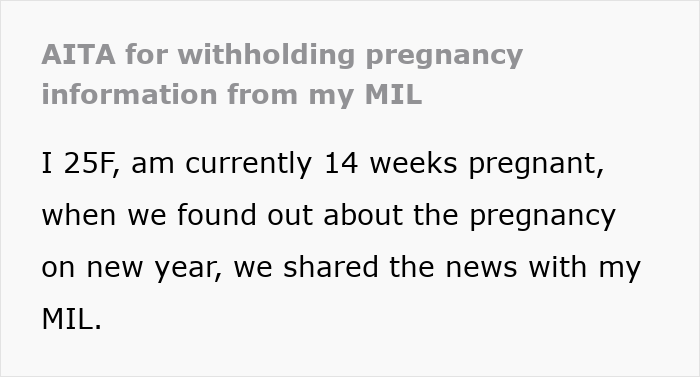 Text screenshot about a woman withholding pregnancy news from her mother-in-law. Text screenshot about a woman withholding pregnancy news from her mother-in-law.