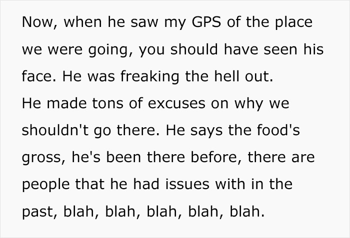 Text screenshot discussing a man's nervous reaction to a GPS location, suspecting infidelity. Text screenshot discussing a man's nervous reaction to a GPS location, suspecting infidelity.
