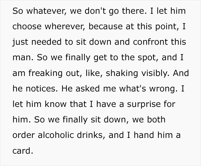 Text on a card reveals unexpected pregnancy results to boyfriend, discussed over drinks. Text on a card reveals unexpected pregnancy results to boyfriend, discussed over drinks.