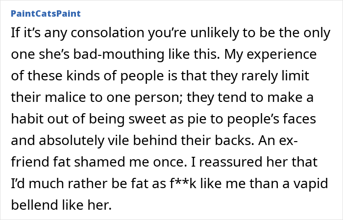 Text exchange about accidental nasty remark on weight, discussing fat shaming and backstabbing behavior. Text exchange about accidental nasty remark on weight, discussing fat shaming and backstabbing behavior.