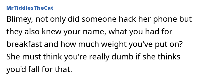 Text exchange commenting on weight, mentioning hacking and personal details, labeled "MrTiddlesTheCat. Text exchange commenting on weight, mentioning hacking and personal details, labeled "MrTiddlesTheCat.