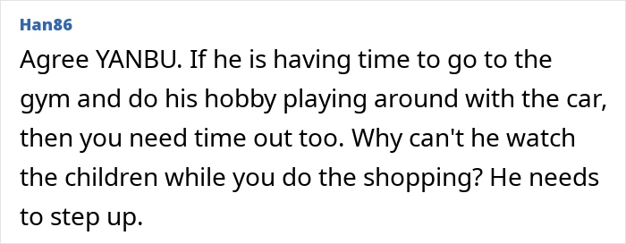 Comment discussing dad's need to help with toddlers, suggesting he should watch them while the mom shops. Comment discussing dad's need to help with toddlers, suggesting he should watch them while the mom shops.