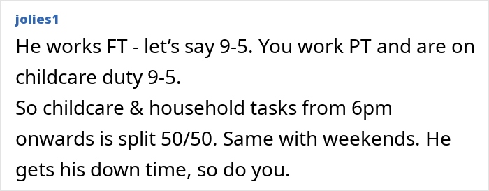 Text discussing shared childcare responsibilities for weekends with husband. Text discussing shared childcare responsibilities for weekends with husband.
