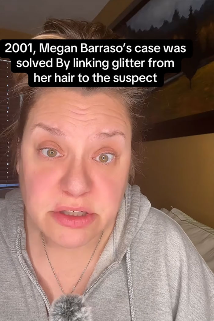 Woman discusses glitter as protection, referencing a 2001 case linkage from hair. Woman discusses glitter as protection, referencing a 2001 case linkage from hair.