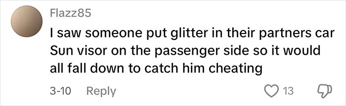 Comment about using glitter as a deterrent, describing its use in a car to reveal infidelity. Comment about using glitter as a deterrent, describing its use in a car to reveal infidelity.