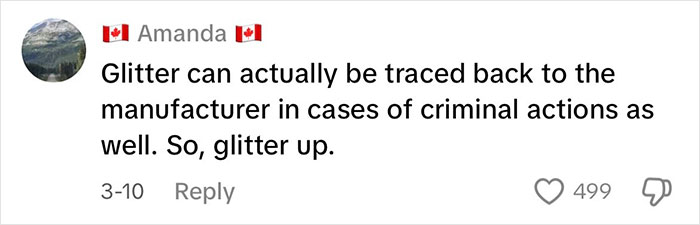 Comment by user Amanda highlighting how glitter can be traced to manufacturers, adding a humorous note on "glitter up" for protection. Comment by user Amanda highlighting how glitter can be traced to manufacturers, adding a humorous note on "glitter up" for protection.