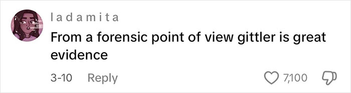 Comment on the use of glitter as evidence with 7,100 likes, discussing its forensic value. Comment on the use of glitter as evidence with 7,100 likes, discussing its forensic value.