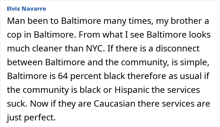 Text comment on NYC's cleanliness compared to Baltimore. Text comment on NYC's cleanliness compared to Baltimore.